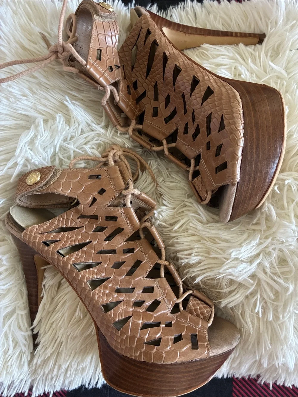 Women's Tan Lace-Up Cutout Platform Heels